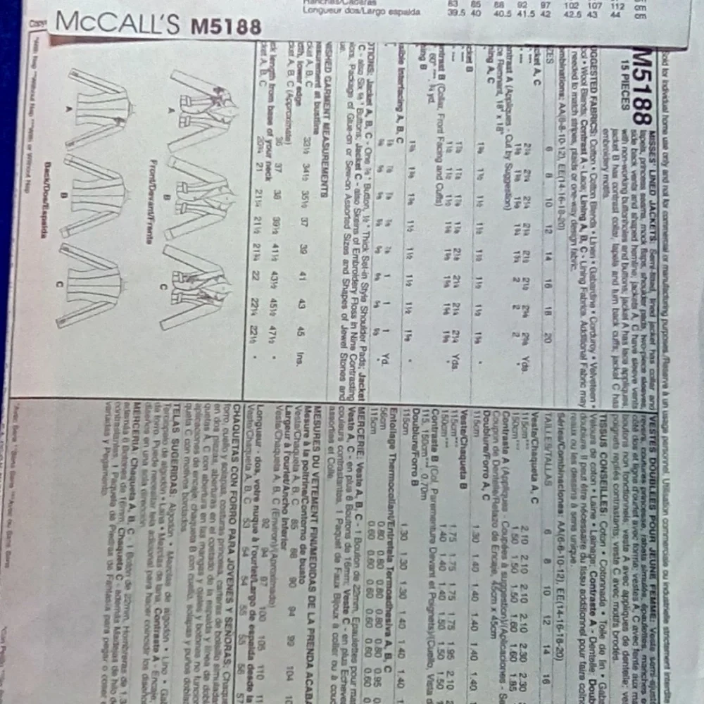 McCalls pattern lined jacket 14-16-18-20